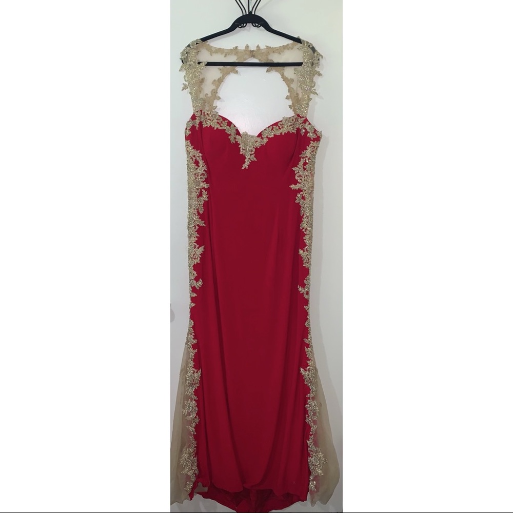 red and gold prom dress w/ sheer slits and jewels